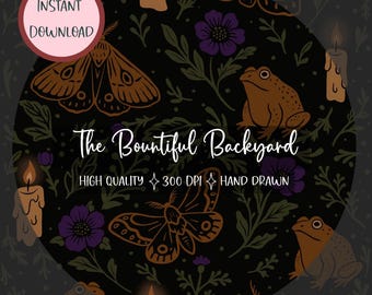 Magical Dark Cottagecore Seamless Pattern Hand Drawn Moths, Toad, Candles & Wildflower on Black, 300 DPI Enchanted Forest Tile Digital Paper