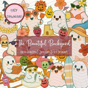 Summerween Clipart Bundle,Cute Summer Ghost Can,Girly Summer,Spooky strawberry, Jack o lantern Summer,Trendy Retro Halloween Beach Graphics