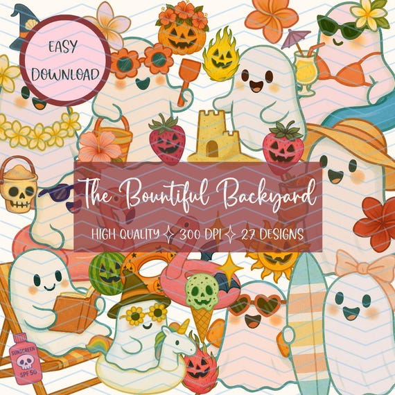 Summerween Clipart Bundle,Cute Summer Ghost Can,Girly Summer,Spooky strawberry, Jack o lantern Summer,Trendy Retro Halloween Beach Graphics