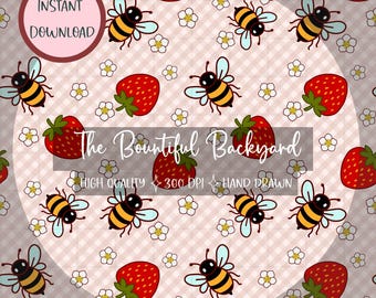 Hand-Drawn Bee & Strawberry Seamless Pattern – Gingham Background, 300 DPI Tile, Digital Download, Cottagecore Spring Clipart