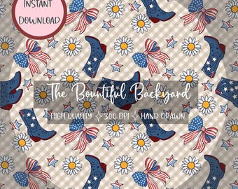 Fourth of July Cowgirl Seamless Pattern, Coquette Country Bows, Cowboy Boots, Patriotic Girl USA Digital Download 300 DPI PNG, Paper Vinyl