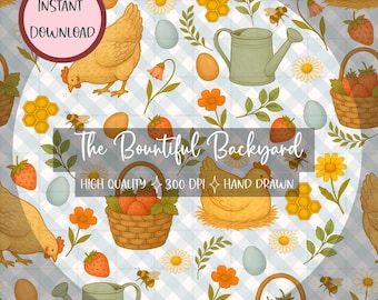 Vintage Farmhouse Seamless Pattern, Hand-Drawn Chicken, Bee, Egg, Strawberry & Flower, 300 DPI Gingham Tile for Kitchen Decor, Digital Paper