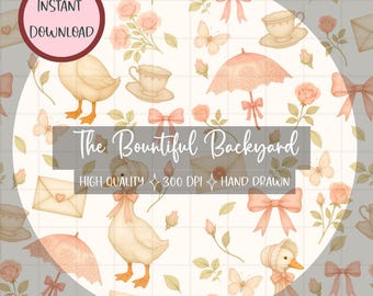 Coquette Seamless Pattern, Romantic Vintage Geese, Rose, Butterfly & Love Letter, Hand-Drawn 300 DPI Tile on Beige Background, Digital paper