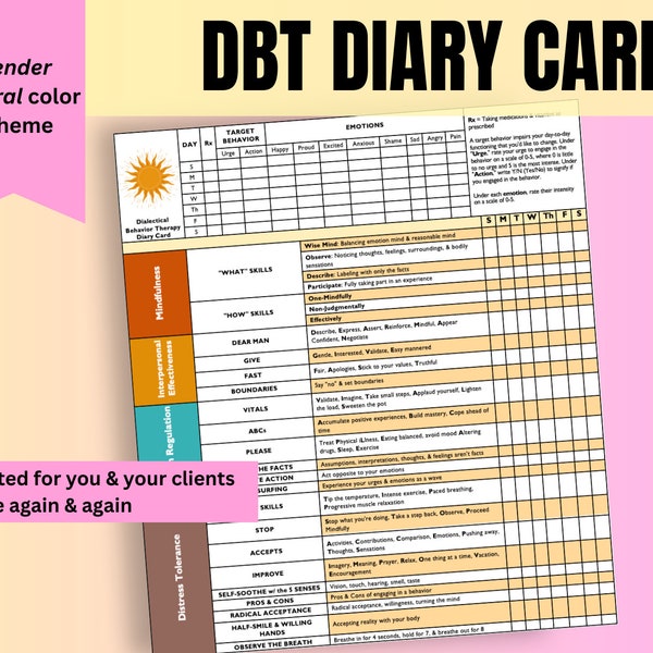 Gender Neutral Colored DBT Diary Card, Skills Tracker, Dialectical Behavior Therapy, BPD, Borderline, Therapy Tools, Therapist