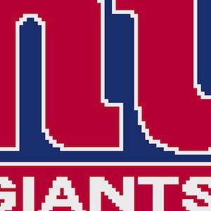 May include: A pixelated design featuring the letters "NY" in blue with a white outline, set against a red background. Below, the word "GIANTS" is displayed in white. This design is likely associated with the New York Giants.
