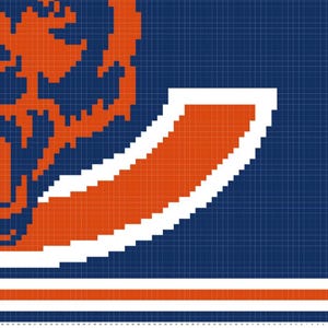 May include: A digital illustration featuring a blue grid background with orange and white geometric shapes. The design includes a stylized emblem and a curved, segmented shape, with a horizontal white stripe at the bottom.