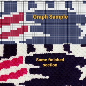 May include: A graph pattern with red, white and blue squares. The graph is labelled "Graph Sample". Below the graph is a close-up of a crocheted fabric with the same pattern in red, white and blue. The fabric is labelled "Same finished section".