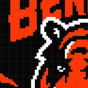 May include: Pixelated graphic of the word "BENGALS" in orange, with a tiger head in black, white, and orange. The design is set against a black grid background, evoking a retro or digital aesthetic.
