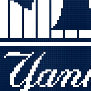 May include: A navy blue and white pixelated graphic of the New York Yankees logo. The top portion features a stylized illustration of a building. Below, the word "Yankees" is written in a cursive font.