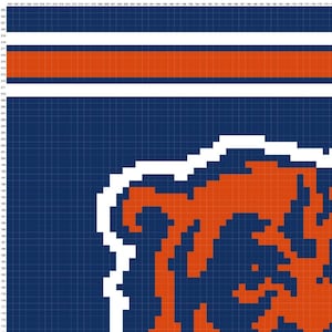 May include: A pixelated graphic of a bear's head in orange and white against a navy blue background. The design is composed of small squares, creating a digital art style. Two orange stripes are at the top.