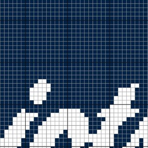 May include: A blue and white pixel art design with a white wave pattern at the bottom.