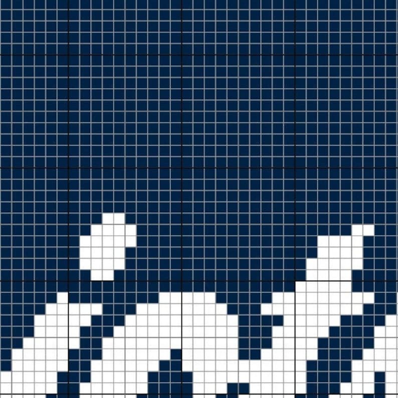 May include: A blue and white pixel art design with a white wave pattern at the bottom.