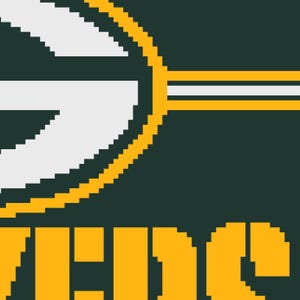 May include: Pixelated image featuring the Green Bay Packers logo. The logo includes a white 'G' inside a yellow circle, with yellow and white stripes on a dark green background. The word 'PACKERS' is in yellow block letters.