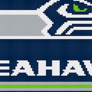 May include: A pixelated design featuring the Seattle Seahawks logo and team name. The logo includes a stylized hawk head in white, grey, and green against a navy blue background. The team name is in white block letters.