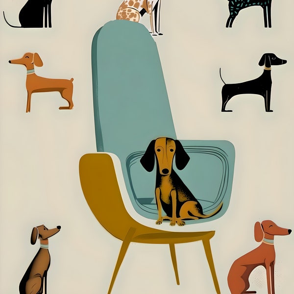 Midcentury modern, dog art, Eams chair,  gifts for dog lovers, Atomic Dog Wall Art, Danish Modern,   MCM Wall Art