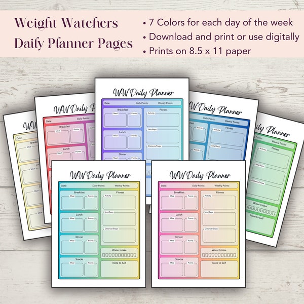 Weight Watchers Daily Planner Pages, 7 Colors for each day of the week, Instant Download Planner, WW, Weight Loss Tracker