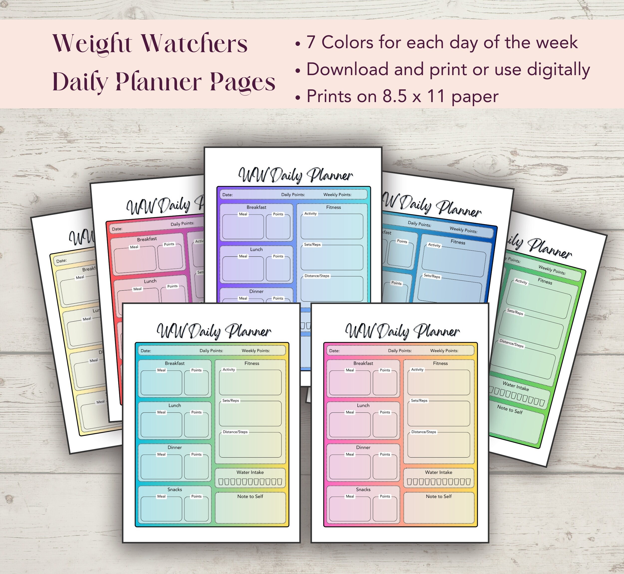 Weight Watchers Daily Planner Pages, 7 Colors for Each Day of the Week ...