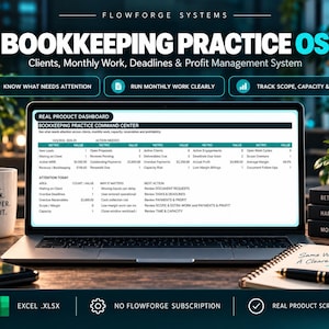 Pode incluir: Uma tela de laptop exibindo o painel Bookkeeping Practice OS da FlowForge Systems, apresentando um centro de comando com métricas para clientes, trabalho mensal, prazos e gestão de lucros, junto com cabeçalhos e tabelas de dados operacionais.