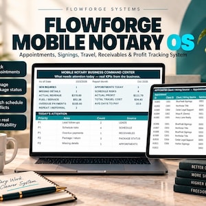 May include: A FlowForge Mobile Notary OS software interface displayed on a laptop and tablet, featuring business metrics, appointment tracking, and financial data. A mug with text, a notebook with the text 'Notary Work. A Clearer System.', and stacked books are present.