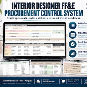 Könnte beinhalten: Ein digitales Beschaffungskontrollsystem für Innenarchitekten auf einem Laptop-Bildschirm, das ein Dashboard mit Projektverfolgung, Finanzübersichten, Aufgabenlisten sowie Tabellen für FF&E-Stammdaten, Bestellungen und Arbeitsabläufe zeigt.