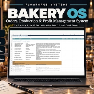 Könnte beinhalten: Ein Laptop-Bildschirm zeigt die FlowForge Bakery OS Tabellenkalkulation für Auftrags-, Produktions- und Gewinnmanagement. Die Benutzeroberfläche enthält Spalten für Setup, Sell, Cost, Quote, Bake, Raw, Code, Wasted und Report mit Text zu Bäckereiabläufen.