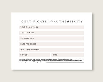 Minimalist White Beige Certificate of Authenticity for Artwork, Instant Download, Authenticity Template, COA, Printable, Canva, Photoshop,