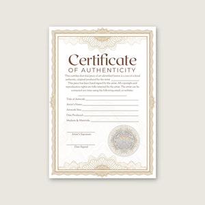 Gold Certificate of Authenticity for Artwork with Seal, Instant Download, Authenticity Template, COA, Printable, Canva, Photoshop