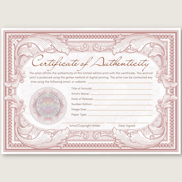 Certificat d'authenticité orné traditionnel pour oeuvre d'art avec sceau, téléchargement immédiat, modèle d'authenticité COA imprimable sur toile Photoshop