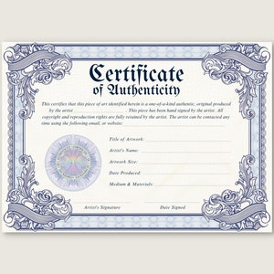 Traditional Certificate of Authenticity, 100% Editable Template, Authentication for Artwork, COA, Printable, Download, Photoshop, Canva edit