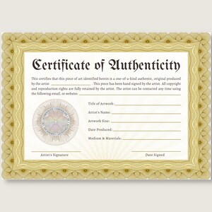 Traditional Gold Certificate of Authenticity for Artwork with Seal, Instant Download, Authenticity Template, COA, Printable, Canva Photoshop