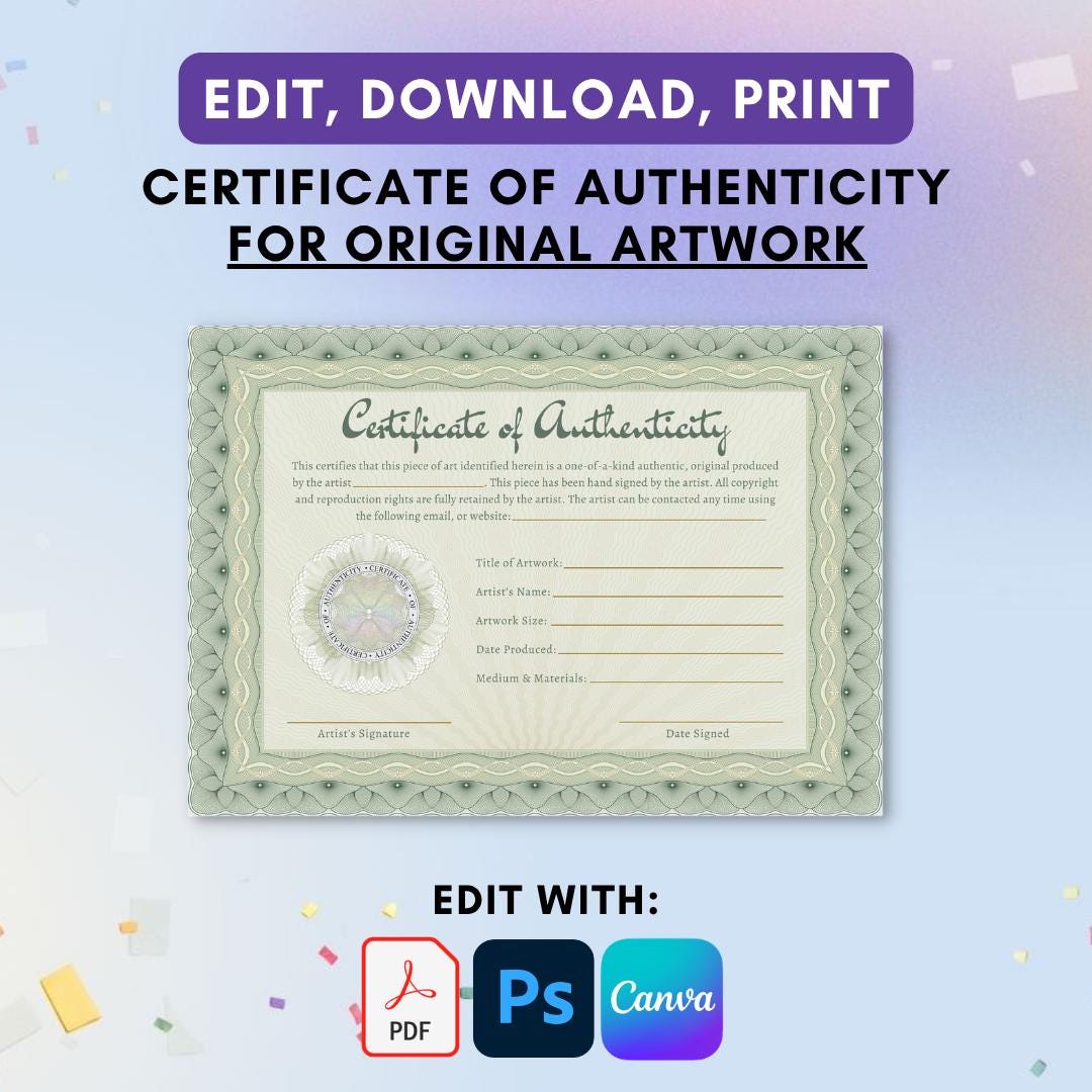 Green Certificate of Authenticity Template: Editable Art COA