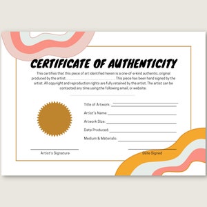 Clean Illustrator Certificate of Authenticity, Editable Authenticity Certificate Template, Authentication for Artwork, COA Template Download