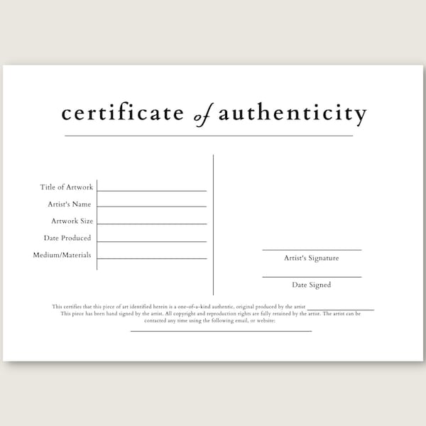 Minimalist White Certificate of Authenticity for Artwork, Instant Download, Authenticity Template, COA, Printable, Canva, Photoshop, Artist