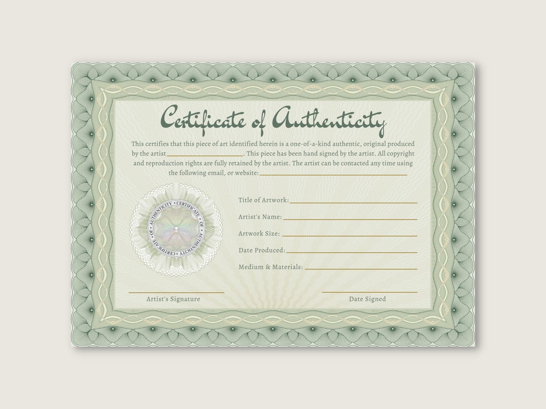Green Certificate of Authenticity Editable Authenticity Certificate