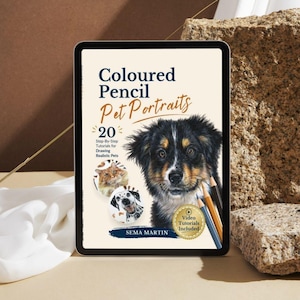 Könnte beinhalten: Ein digitales Tablet mit einem Buchcover mit dem Titel Coloured Pencil Pet Portraits von Sema Martin. Das Cover zeigt eine realistische Hundezeichnung, zwei kleinere kreisförmige Tierillustrationen und 20 Schritt-für-Schritt-Anleitungen.