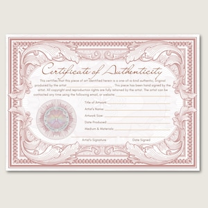 Certificato di autenticità ornato tradizionale per opere d'arte con sigillo, download istantaneo, modello di autenticità COA stampabile Canva Photoshop