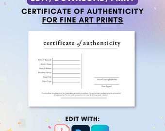 Modelo minimalista de certificado de autenticidade: Certificado de Autenticidade para impressão (download digital)