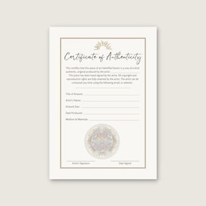 Certificado neutro limpio de autenticidad para obras de arte con sello, descarga instantánea, plantilla de autenticidad, COA, imprimible, Canva, Photoshop