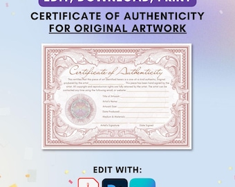 Modelo de Certificado de Autenticidade da Ornate Art: Certificado de Autenticidade para Impressão (Download Digital)