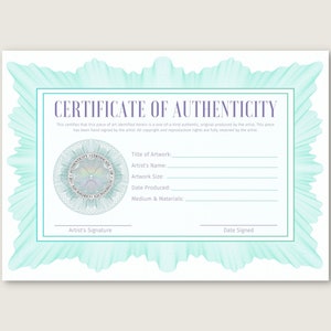 Art Deco Certificate of Authenticity, Editable Authenticity Certificate Template Authentication for Artwork COA Template Download