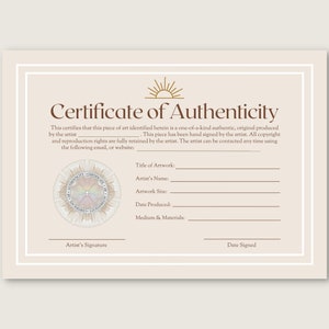 Clean Neutral Certificate of Authenticity for Artwork with Seal, Instant Download, Authenticity Template, COA, Printable, Canva, Photoshop,