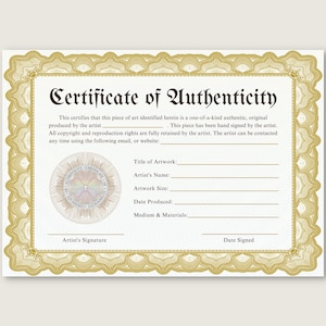 Traditional Gold Certificate of Authenticity for Artwork with Seal, Instant Download, Authenticity Template, COA, Printable, Canva Photoshop