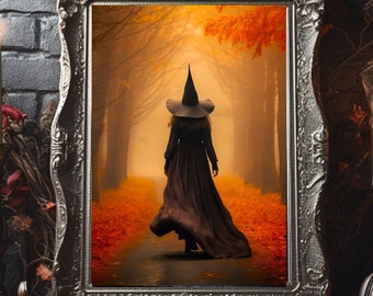The Autumn Witch Enchanting Silhouette Samhain Poster Print - Gothic Wall Art/ Eerie Witchy Halloween Poster / Moody Romantic Dark Academia