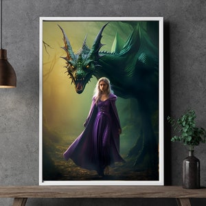 Dragon Queen Leading Her Ferocious Green Dragon - Premium Fine Art Poster / Fantasy Art / Dragon  Fantasy Home Decor / Mystical Beasts