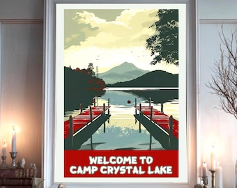 Friday the 13th Camp Crystal Lake Inspired WPA Style Print | Jason's Hockey Mask Poster | Horror Movie Decor | Welcome to Camp Crystal Lake