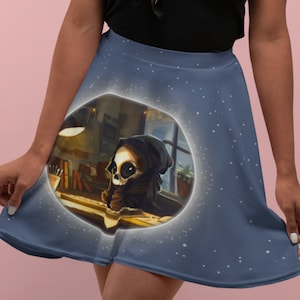 Lady Grimm "Writer's Block" Adorable Grim Reaper Skater Skirt / Deathly Cute Comfortable Swingy Women's Skater Skirt