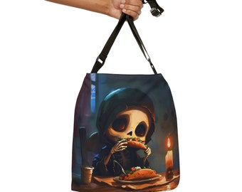 Lady Grimm "I Love Tuesdays" Grim Reaper Tote Bag featuring a Grim Reaper & Pink Parasol with Adjustable Strap/Deathly Cute Functional Tote