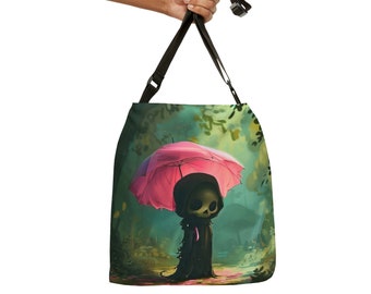 Lady Grimm "It's too Sunny" Grim Reaper Tote Bag featuring a Grim Reaper & Pink Parasol with Adjustable Strap/Deathly Cute Functional Tote