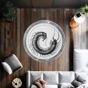 Gothic Centipede Round Rug | Black and White Vintage Victorian Illustration | Unique Creepy-Crawly Home Decor | Gothic and Dark Nature Art