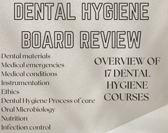 May include: A digital PDF download for 17 dental hygiene courses. The courses cover topics such as dental materials, medical emergencies, medical conditions, instrumentation, ethics, dental hygiene process of care, oral microbiology, nutrition, infection control, dental anatomy, head and neck anatomy, embryology/histology, radiology, pathology, pharmacology, periodontology, and dental public health. The image also shows a dental model and a dental tool.